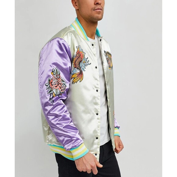 Reason Varsity Jacket Men’s Large Ivory Purple Fearless Tattoo Art Bomber - Picture 7 of 9